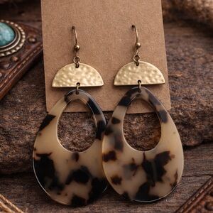 Tortoiseshell Teardrop Drop Earrings with Gold Accent - Women Jewelry